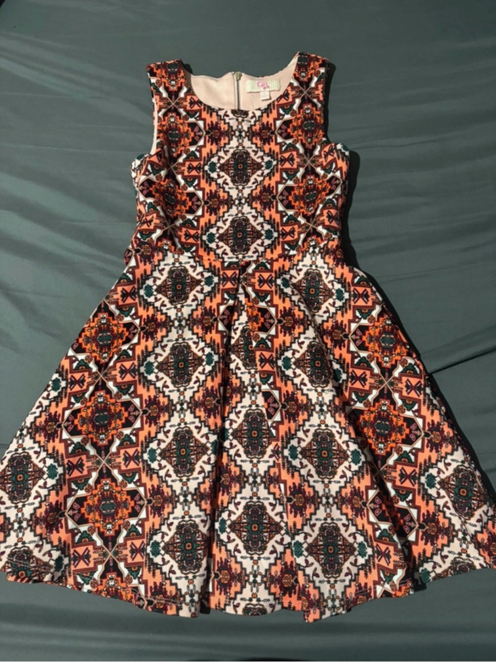 GB girls Coral, Black & White Geometric Fit-and-Flare Dress